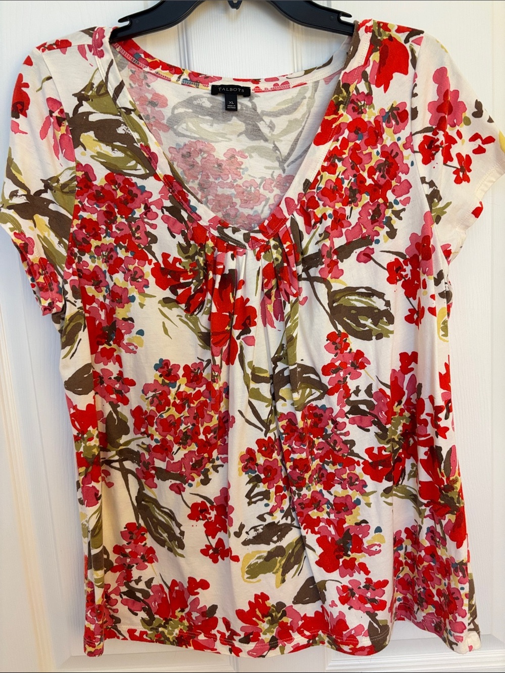 Talbots Red and Olive Floral Short Sleeve V-Neck Top